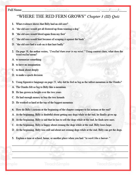 Where The Red Fern Grows Test Printable Free